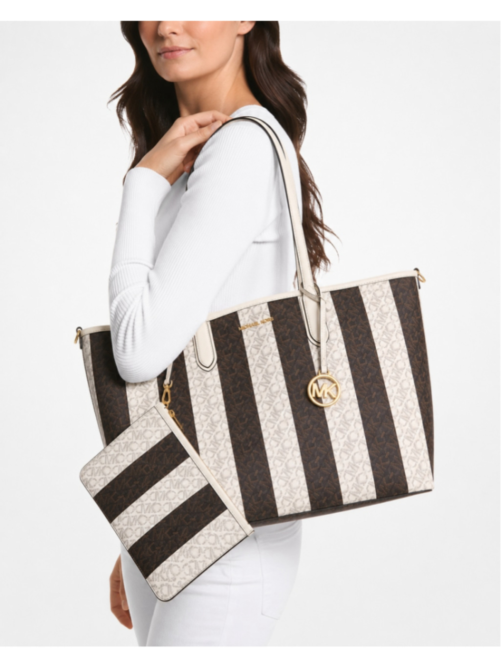 Michael Kors Jet Set Travel Large Tote 30S4G7AT4B + Pouch Brown White MK Logo